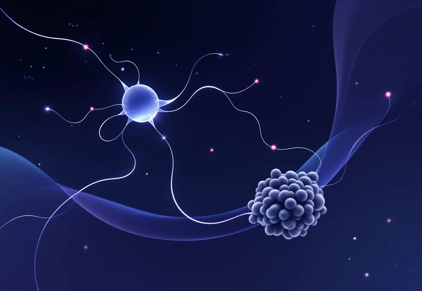 Abstract periwinkle-and-charcoal melanogenesis signaling pathway with a single red active node on a deep cool ground